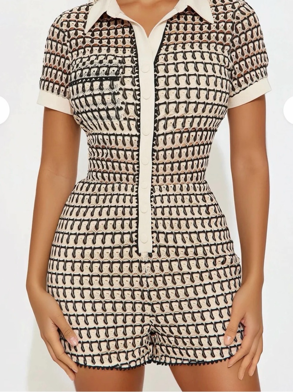Chic Crochet Knit Collared Button-Up Romper | Black & Cream | Women’s One-Piece